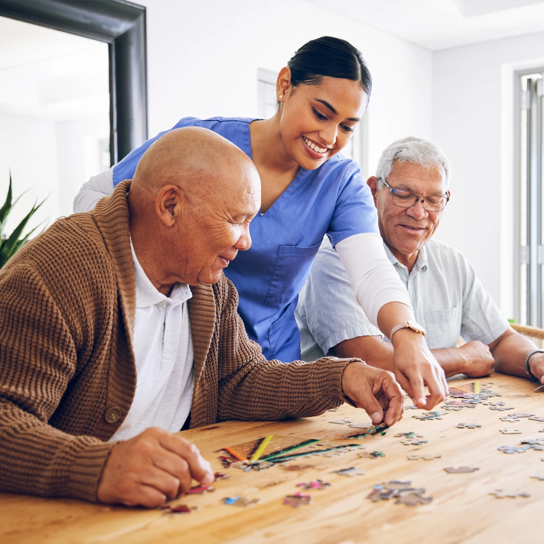 Puzzle, caregiver and senior men playingwebp