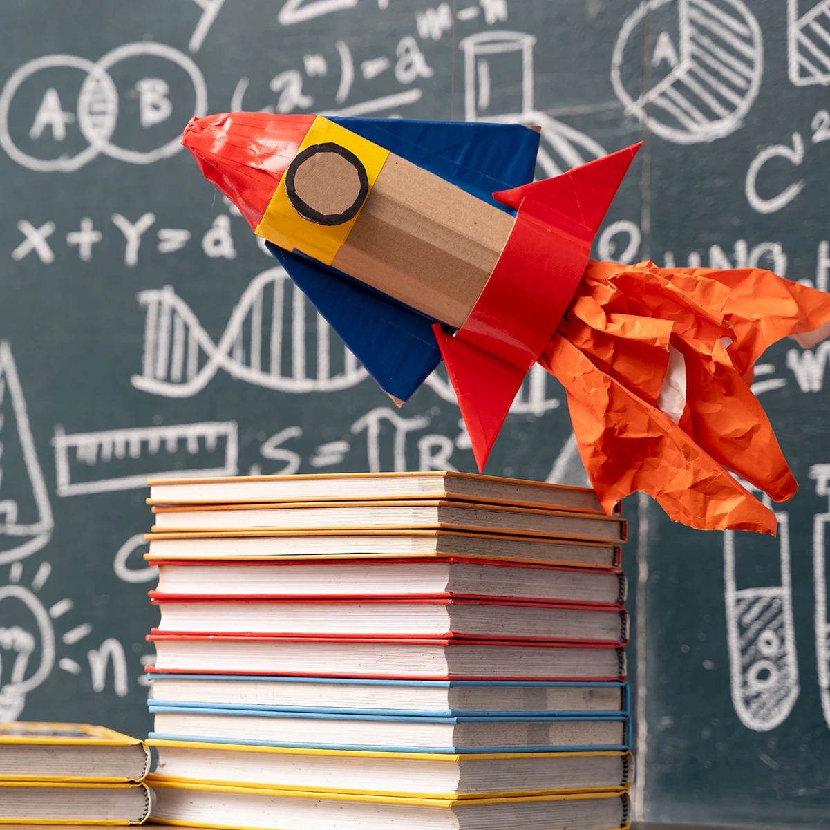 Toy rocket over books